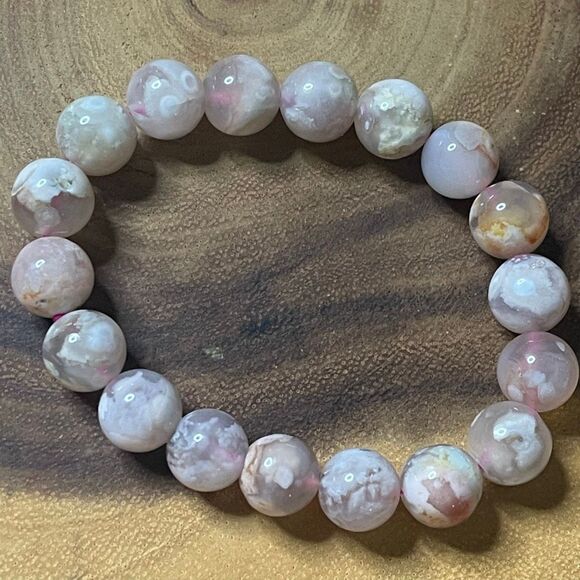 Flower Agate pink beaded stretch bracelet beads 7” 10mm new handmade - Picture 8 of 8